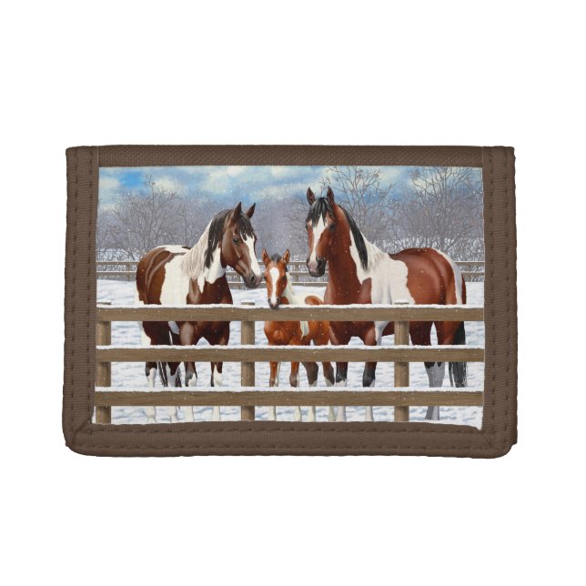Bay Pinto Paint Horses In Winter Snow Trifold Wallet (Front)