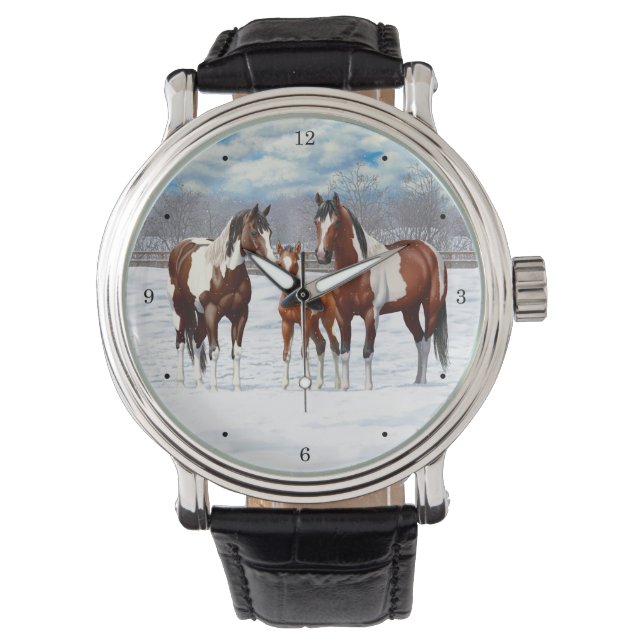 Bay Pinto Paint Horses In Winter Snow Watch (Front)