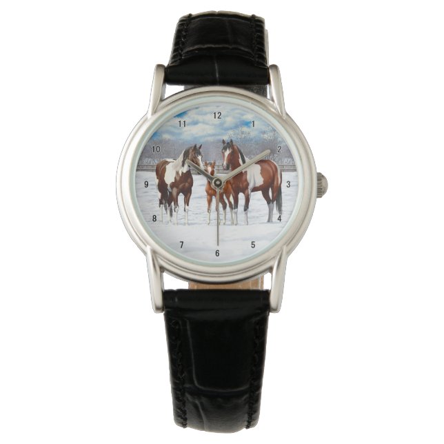 Bay Pinto Paint Horses In Winter Snow Watch (Front)