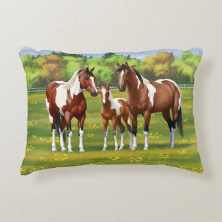 Bay Pinto Paint Quarter Horses In Summer Pasture Accent Pillow