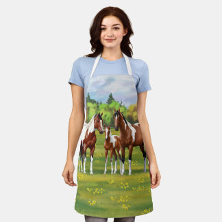Bay Pinto Paint Quarter Horses In Summer Pasture Apron