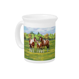 Bay Pinto Paint Quarter Horses In Summer Pasture Beverage Pitcher