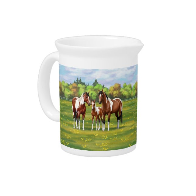 Bay Pinto Paint Quarter Horses In Summer Pasture Beverage Pitcher (Left)