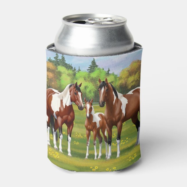 Bay Pinto Paint Quarter Horses In Summer Pasture Can Cooler (Can Front)