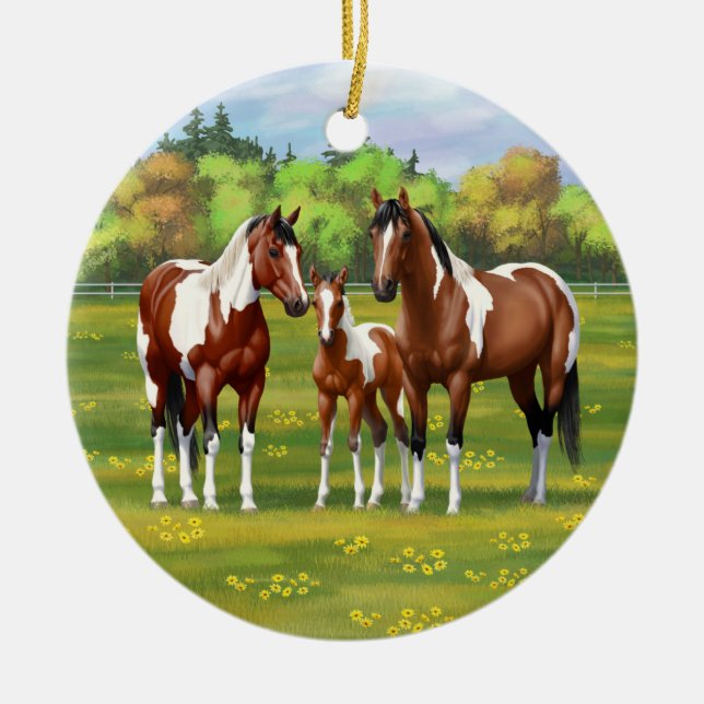 Bay Pinto Paint Quarter Horses In Summer Pasture Ceramic Ornament (Front)