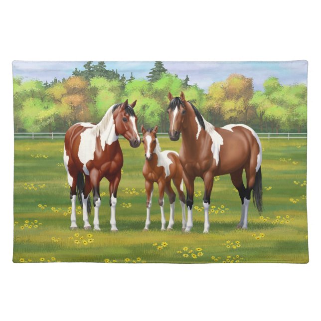 Bay Pinto Paint Quarter Horses In Summer Pasture Cloth Placemat (Front)