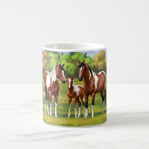 Bay Pinto Paint Quarter Horses In Summer Pasture Coffee Mug