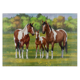 Bay Pinto Paint Quarter Horses In Summer Pasture Cutting Board