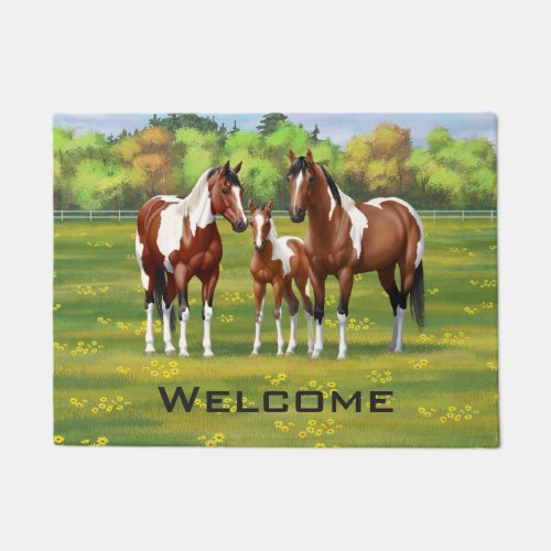 Bay Pinto Paint Quarter Horses In Summer Pasture Doormat