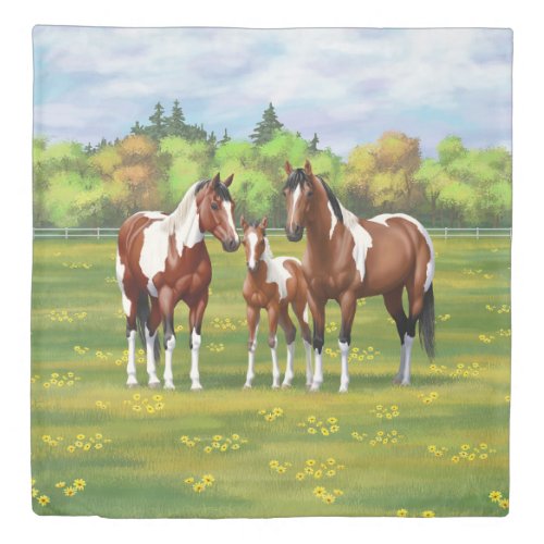 Bay Pinto Paint Quarter Horses In Summer Pasture Duvet Cover