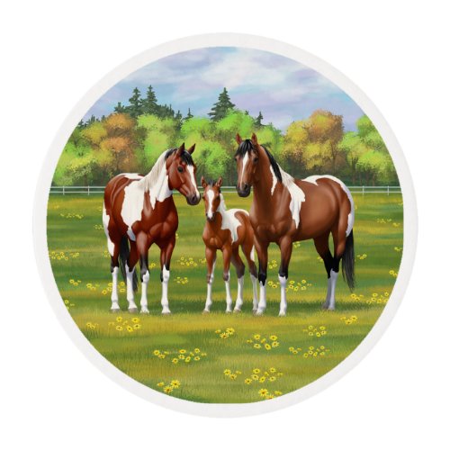 Bay Pinto Paint Quarter Horses In Summer Pasture Edible Frosting Rounds