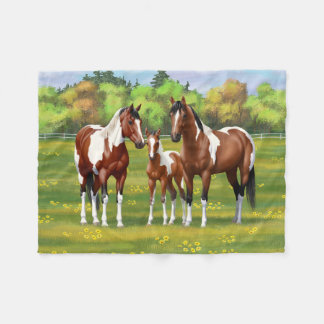 Bay Pinto Paint Quarter Horses In Summer Pasture Fleece Blanket