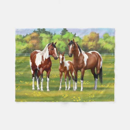 Bay Pinto Paint Quarter Horses In Summer Pasture Fleece Blanket