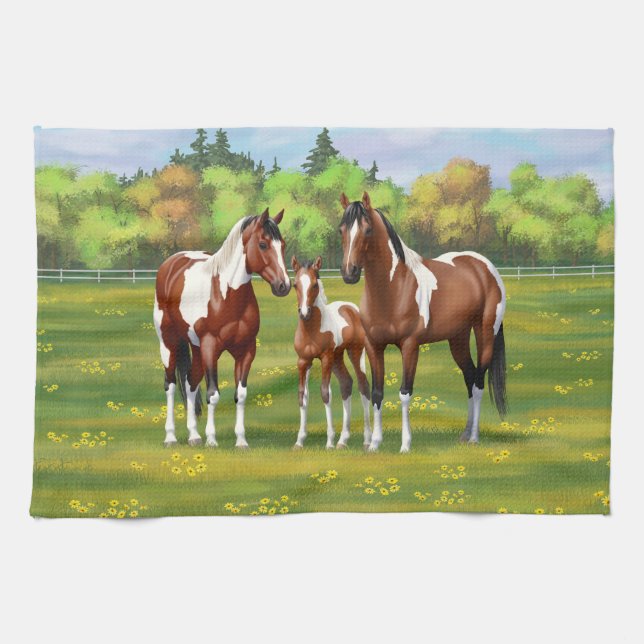 Bay Pinto Paint Quarter Horses In Summer Pasture Kitchen Towel (Horizontal)