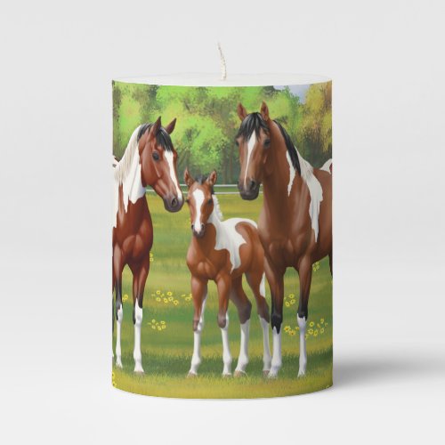 Bay Pinto Paint Quarter Horses In Summer Pasture Pillar Candle
