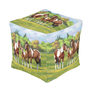 Bay Pinto Paint Quarter Horses In Summer Pasture Pouf