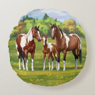 Bay Pinto Paint Quarter Horses In Summer Pasture Round Pillow