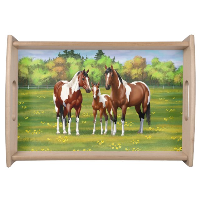 Bay Pinto Paint Quarter Horses In Summer Pasture Serving Tray (Front)