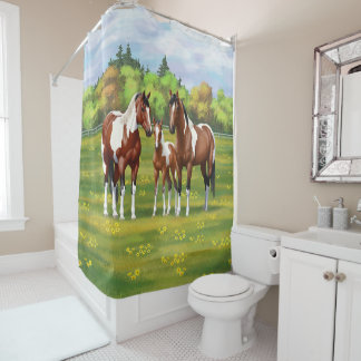 Bay Pinto Paint Quarter Horses In Summer Pasture Shower Curtain