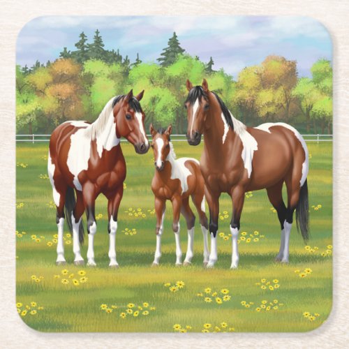Bay Pinto Paint Quarter Horses In Summer Pasture Square Paper Coaster