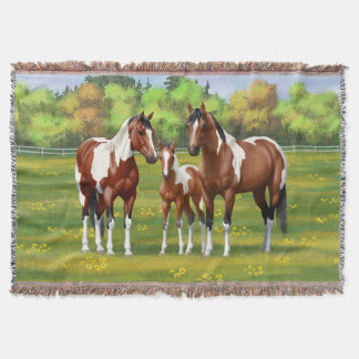 Bay Pinto Paint Quarter Horses In Summer Pasture Throw Blanket
