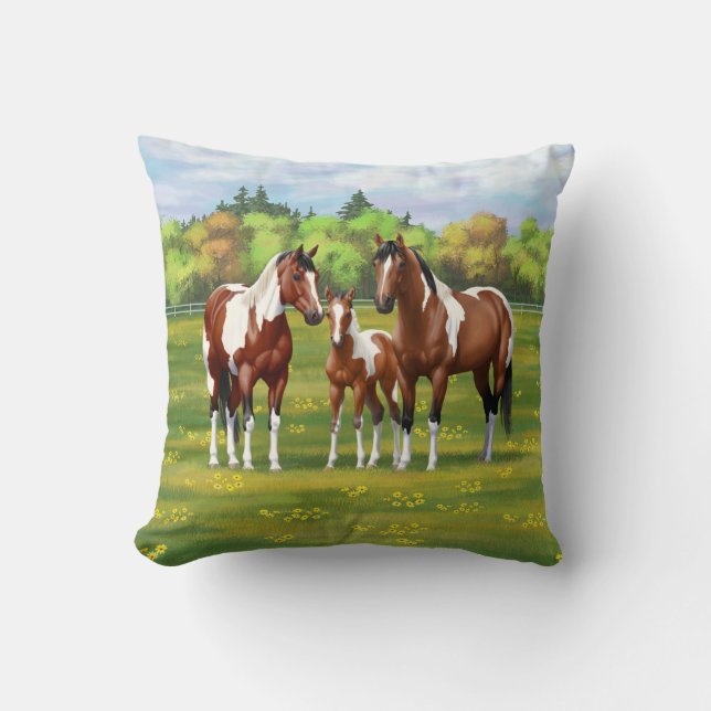 Bay Pinto Paint Quarter Horses In Summer Pasture Throw Pillow (Front)
