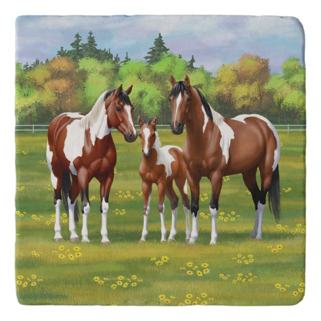 Bay Pinto Paint Quarter Horses In Summer Pasture Trivet (Front)