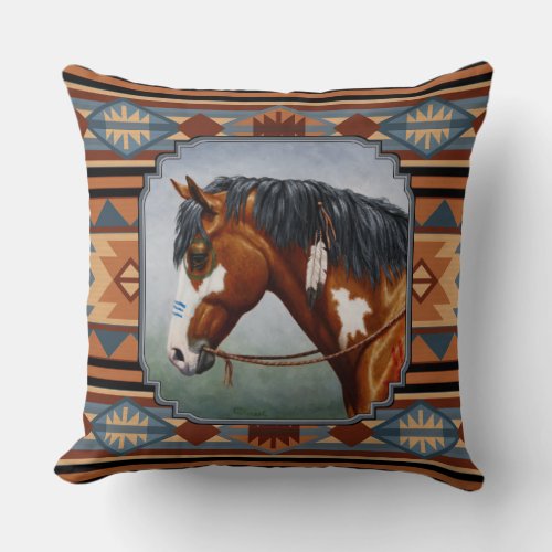 Bay Pinto War Horse Southwestern Design Throw Pillow