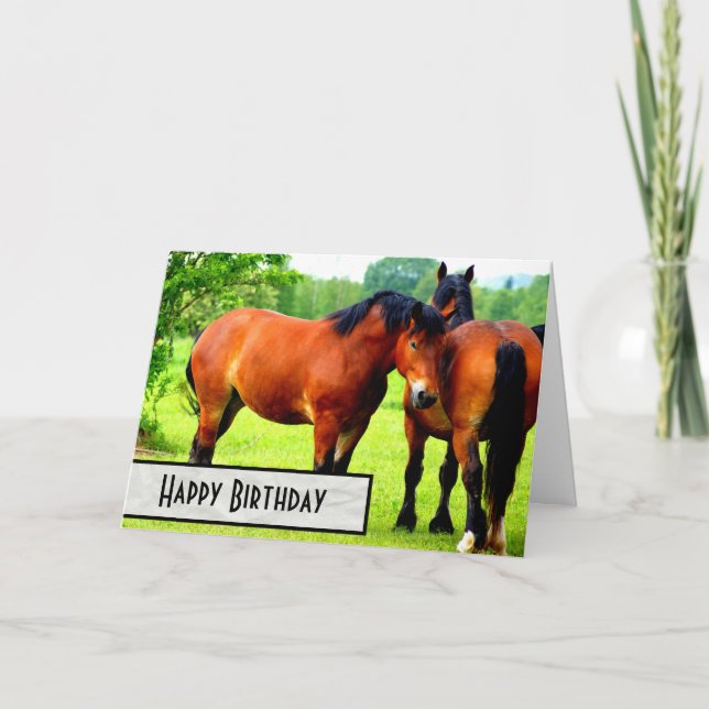 Bay Polish Bred Draft Horses Happy Birthday Card (Front)