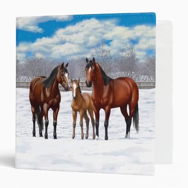 Bay Quarter Horses In Snow 3 Ring Binder (Front/Inside)