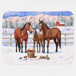 Bay Quarter Horses In Snow Baby Blanket