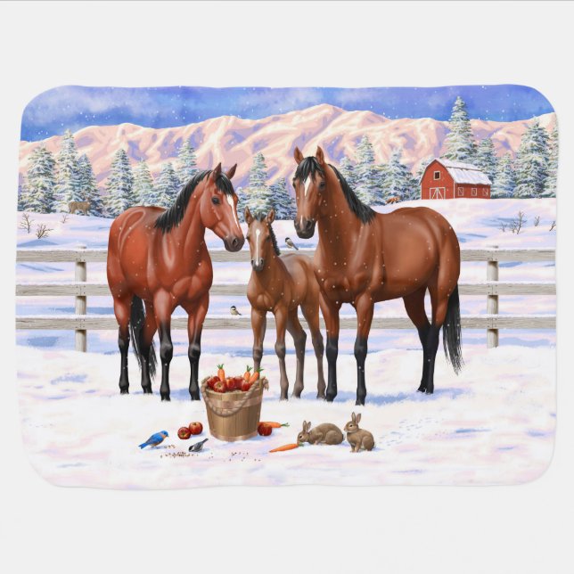 Bay Quarter Horses In Snow Baby Blanket (Horizontal)