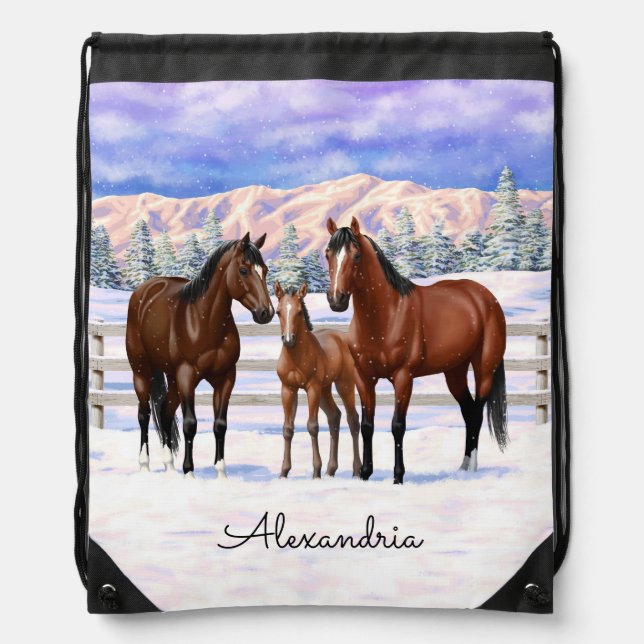 Bay Quarter Horses In Snow Drawstring Bag (Front)
