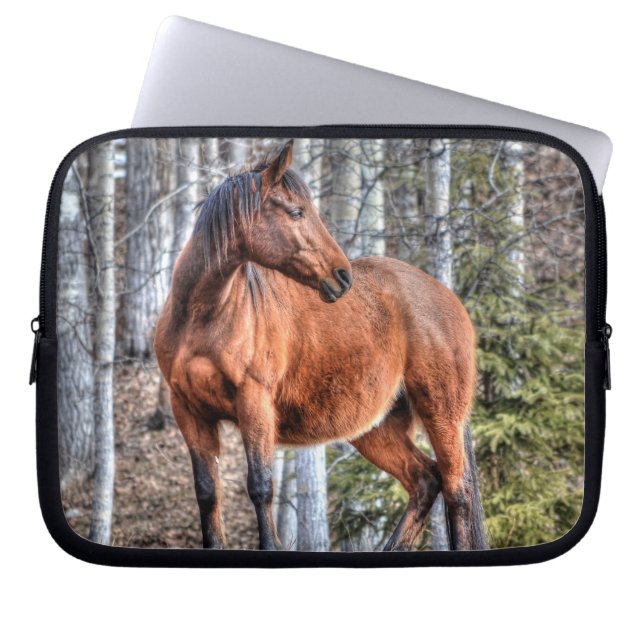 Bay Stallion Horse and Forest - Equine Photo Laptop Sleeve (Front)