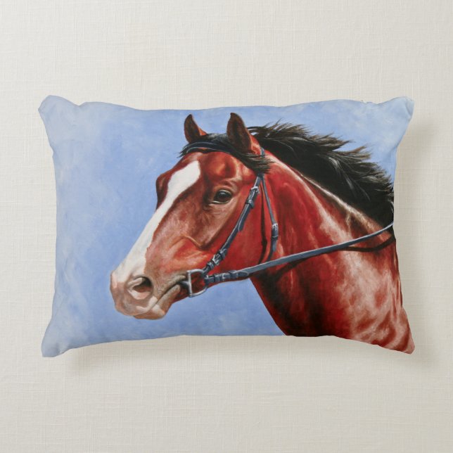 Bay Thoroughbred Race Horse Accent Pillow (Front)