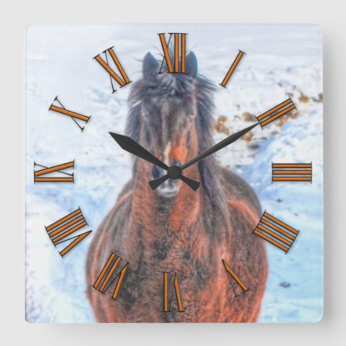 Bay Winter Horse Year of the Horse Equine photo Square Wall Clock