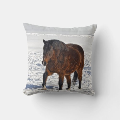 Bay Winter Mare  Snowy Field Throw Pillow