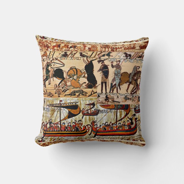 BAYEUX TAPESTRY 1066 NORMAN KNIGHTS ,VIKING SHIPS THROW PILLOW (Front)