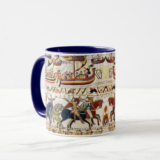BAYEUX TAPESTRY NORMAN KNIGHTS,VIKING SHIPS,ARCHER MUG (Front Left)