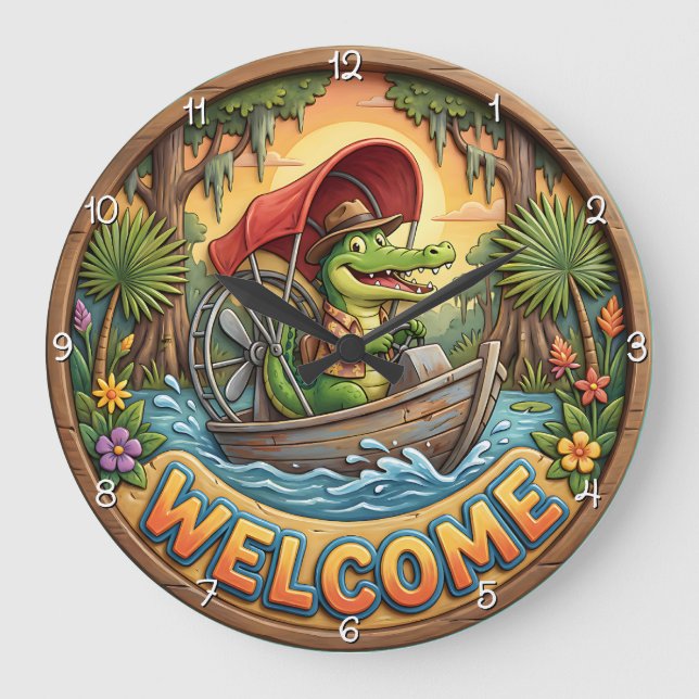 Bayou Welcome Airboat Gator Large Clock (Front)