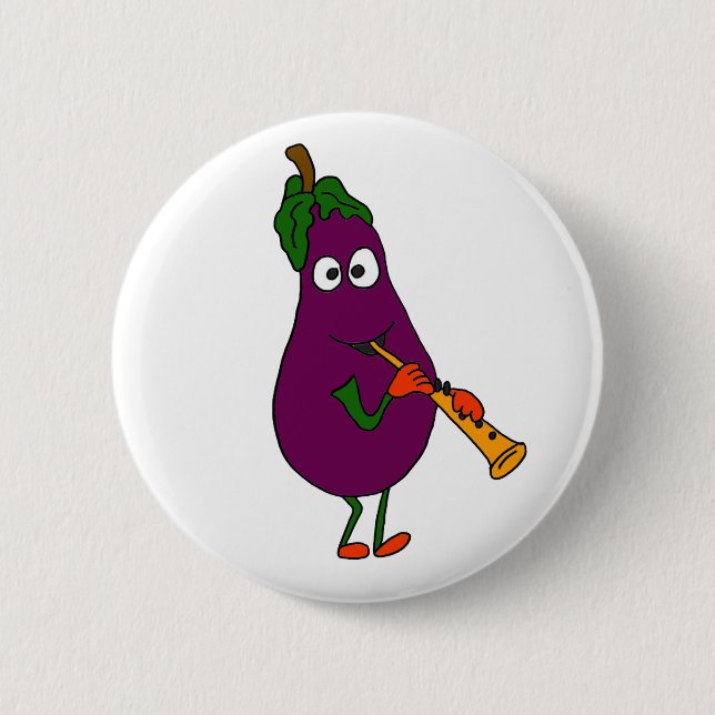 BB- Eggplant Playing Clarinet Cartoon Button (Front)