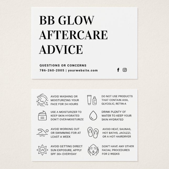 BB Glow Facial Aftercare Instruction Card (Front & Back)