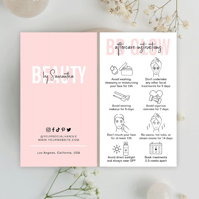 BB Glow Facial Aftercare Instructions Pink Salon Business Card (Modern blush pink BB Glow Facial Treatment Aftercare Cards with care icons and space for your logo)