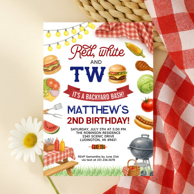 BBQ 2nd Birthday Invitation Summer Grill Birthday (Red, White and Two 4th of July BBQ 2nd Birthday Invitation Summer Grill Birthday
)