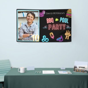 BBQ and Pool Party Neon Photo Birthday Banner
