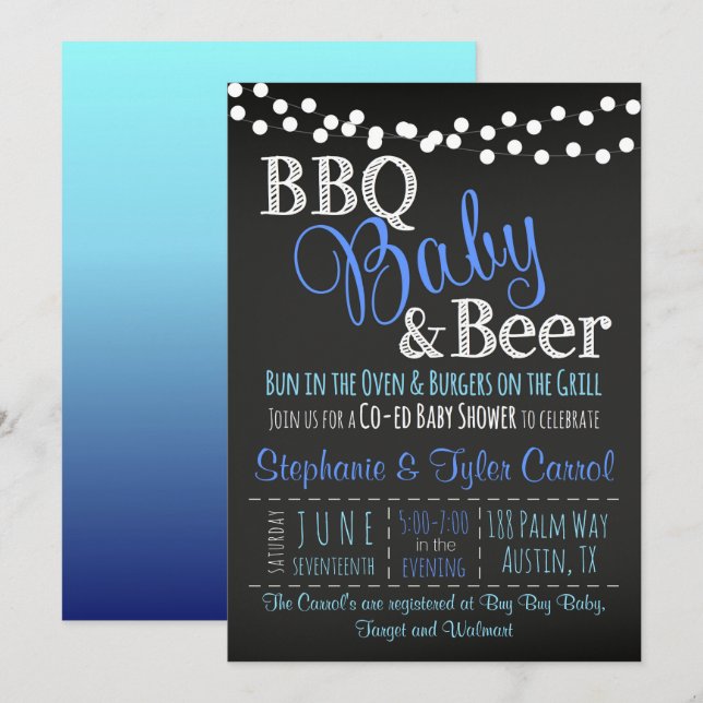 BBQ Baby and Beer Chalkboard Boy Shower Invitation (Front/Back)