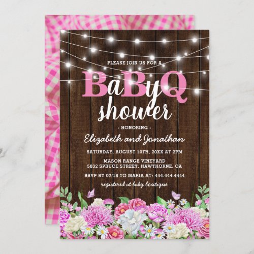 BBQ Baby Couples Shower | Girl BaByQ Barbecue Invitation - Country barbecue baby shower invitation featuring a rustic wood background, backyard string lights, elegant pink and white garden watercolor flowers, and a couples baby shower celebration template that is easy to personalize.