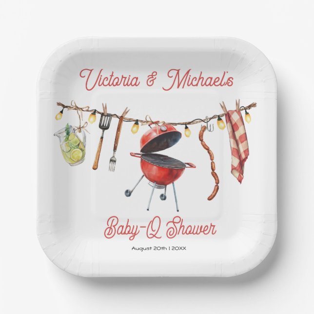 BBQ Baby-Q Baby Shower Gingham clothesline Paper Plates (Front)