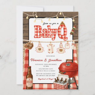 BBQ Baby Shower Backyard Grill Red Gingham Wood Invitation