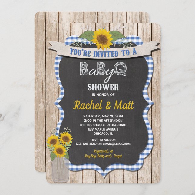 BBQ Baby Shower invitation boy blue yellow (Front/Back)